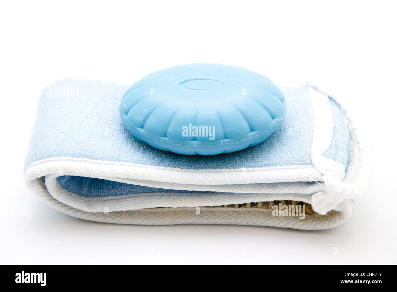 Blaue Seife auf Massage-Tuch Stockfoto