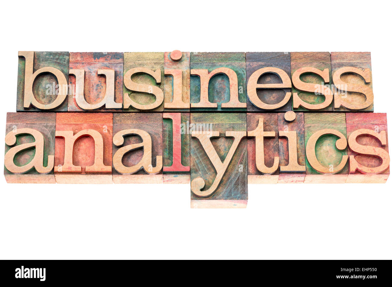 Business Analytics Typografie - isolierten Text im Buchdruck Holzart Blöcke Stockfoto