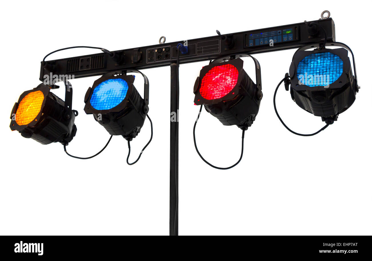 Vier Reflektoren auf einer Konsole isoliert auf weißem Hintergrund Stockfoto