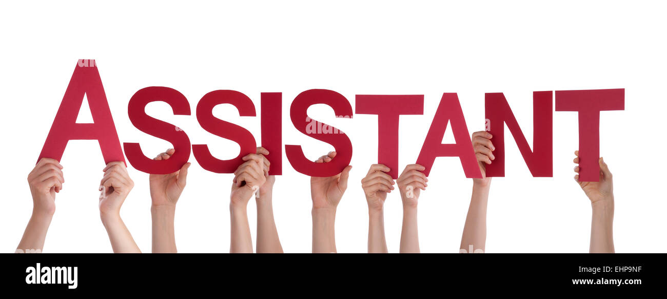 Viele kaukasische Menschen und Händen mit roten geraden Buchstaben oder Zeichen Gebäude der isolierten englische Wort-Assistent auf weiß Stockfoto