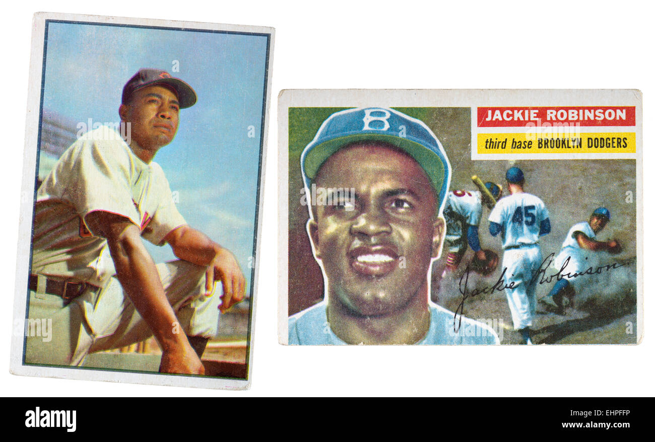 1953-Baseball-Karte von Larry Doby und eine 1956-Baseball-Karte von Jackie Robinson Stockfoto