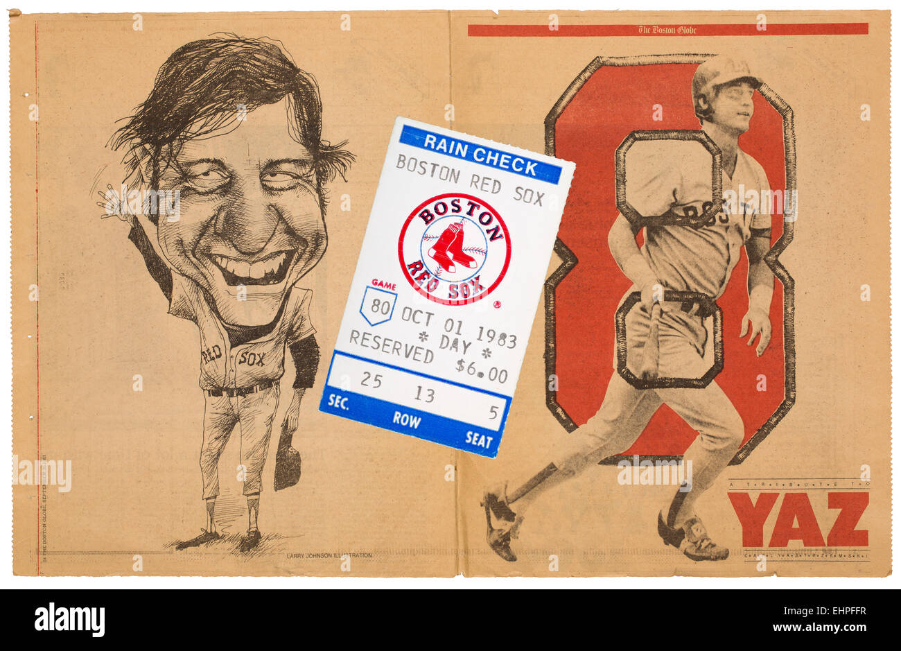 Boston Red Sox ticket Stub und der Boston Globe 30. September 1983 Sonderausgabe über Boston Red Sox Spieler Carl Yastrzemski Stockfoto