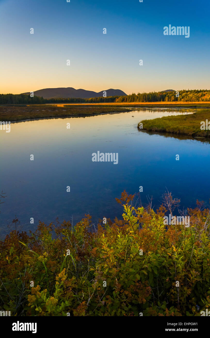 Abendlicht am Bachrand und Berge in der Nähe von Tremont in Acadia Nationalpark, Maine. Stockfoto