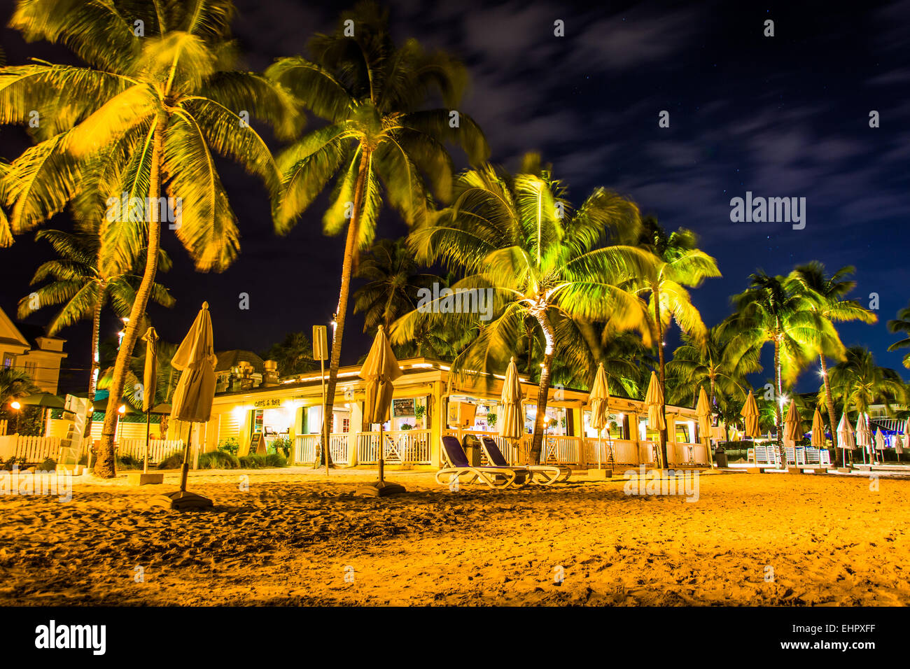 Palmen und Restaurant in der Nacht am South Beach, in Key West, Florida. Stockfoto