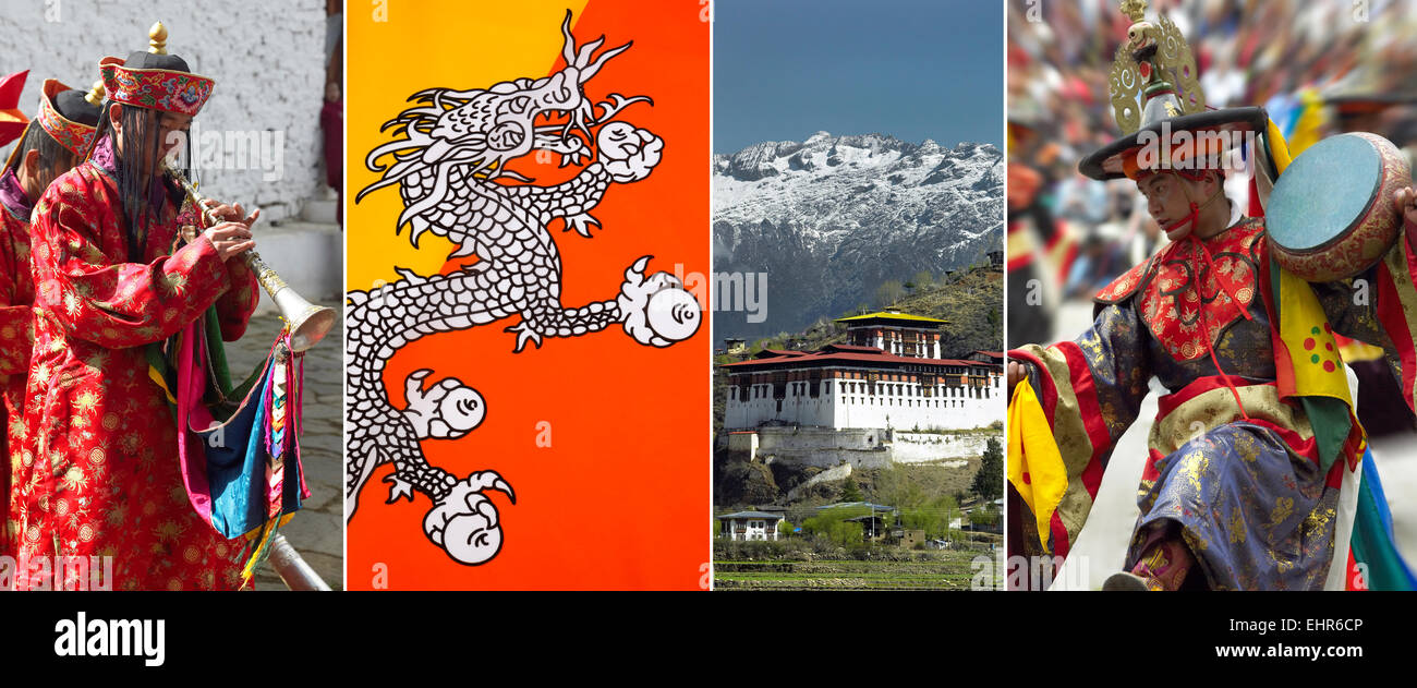 Das Königreich Bhutan - Paro Tsechu, Flagge von Bhutan, Paro Dzong, Paro Tsechu. Stockfoto