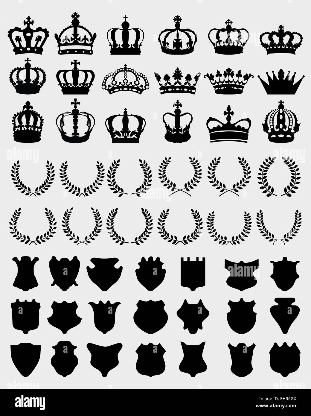 Kronen, Schilde und Kränze Stockfoto