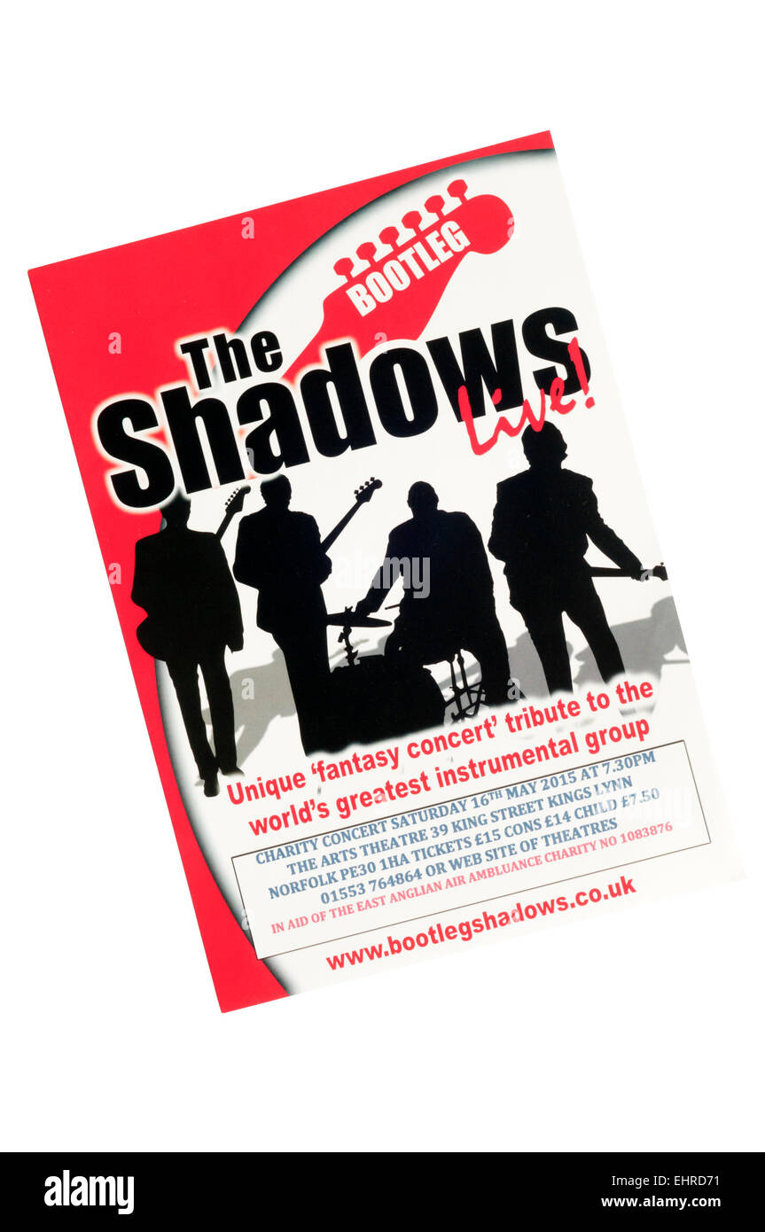 Werbeflyer für 2015 Aussehen der Schatten-Tribute-Band, The Bootleg Schatten. Stockfoto