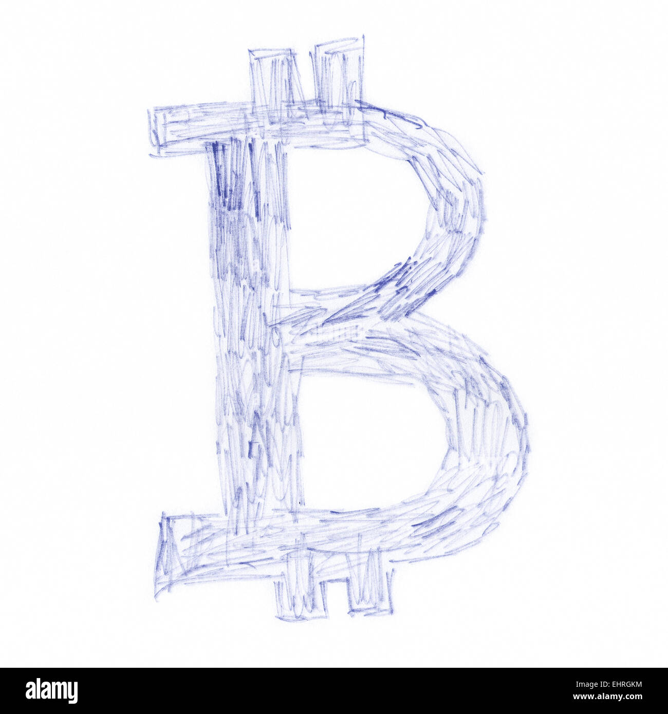 Gekrakel Bitcoin Symbol, handgefertigte Zeichnung des digitalen Kryptowährung, Buchstabe B auf weißem Hintergrund. Stockfoto
