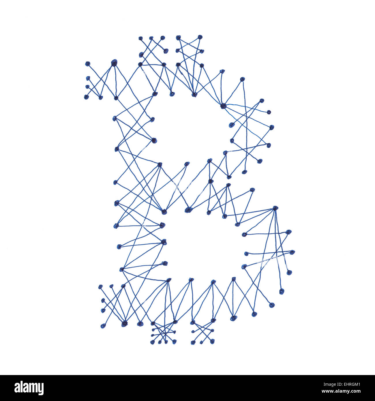 Bitcoin Netzwerk Symbol, handgefertigte Zeichnung von einer digitalen dezentrale Kryptowährung, Buchstabe B auf weißem Hintergrund. Stockfoto