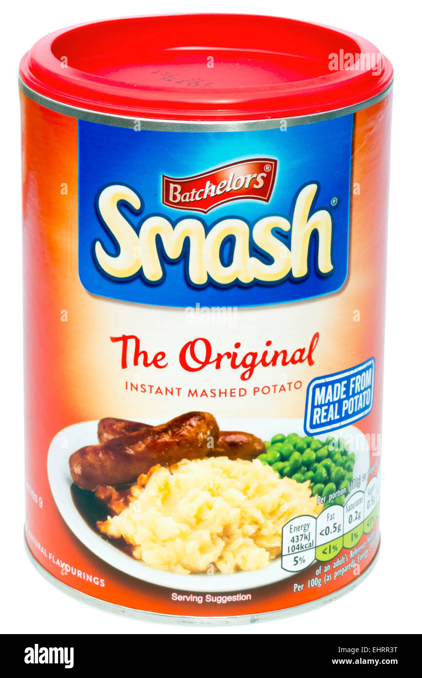 Smash Kartoffel Päckchen ausschneiden oder isoliert auf einem weißen Hintergrund. Stockfoto