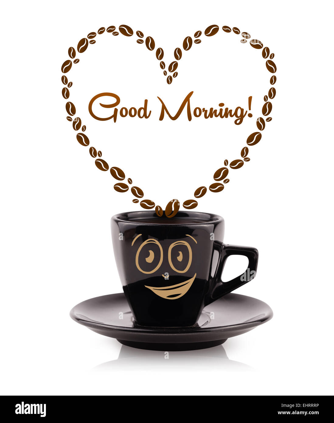 Kaffeetasse Mit Kaffeebohnen Formigen Herzen Mit Guten Morgen Melden Stockfotografie Alamy