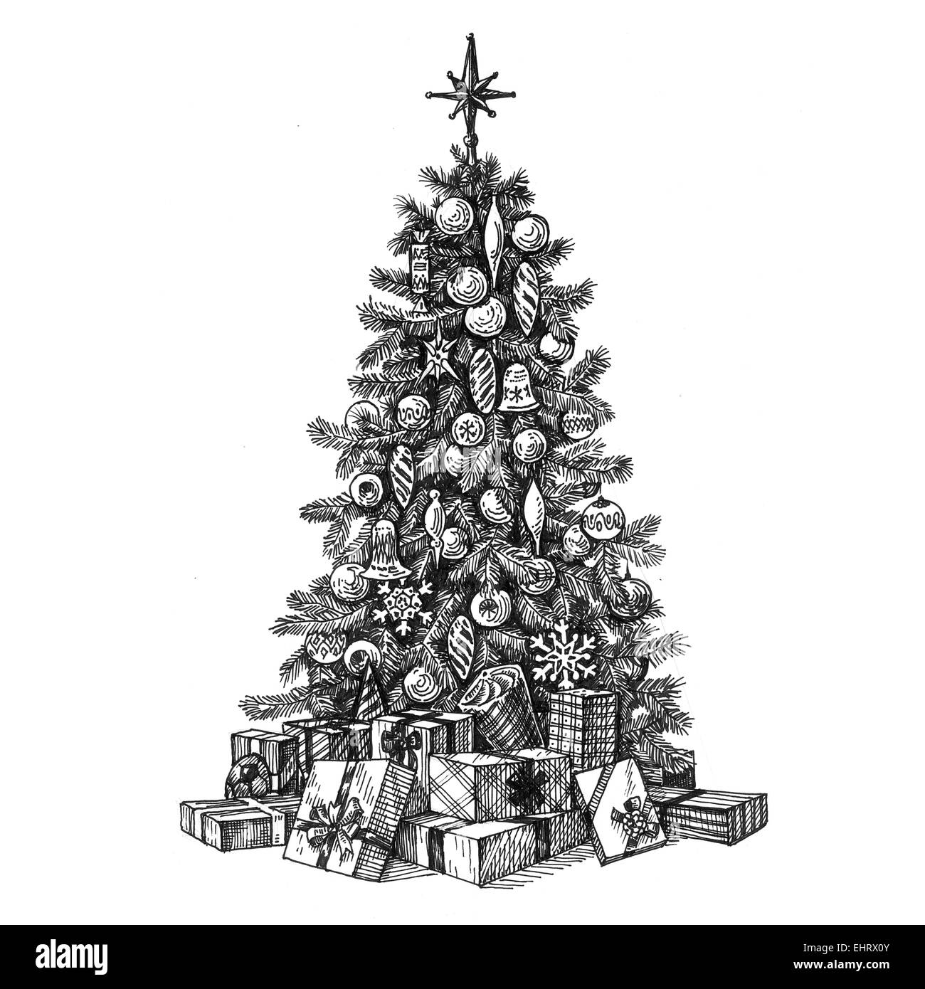 Weihnachtsbaum auf einem weißen Hintergrund. Skizze Stockfoto