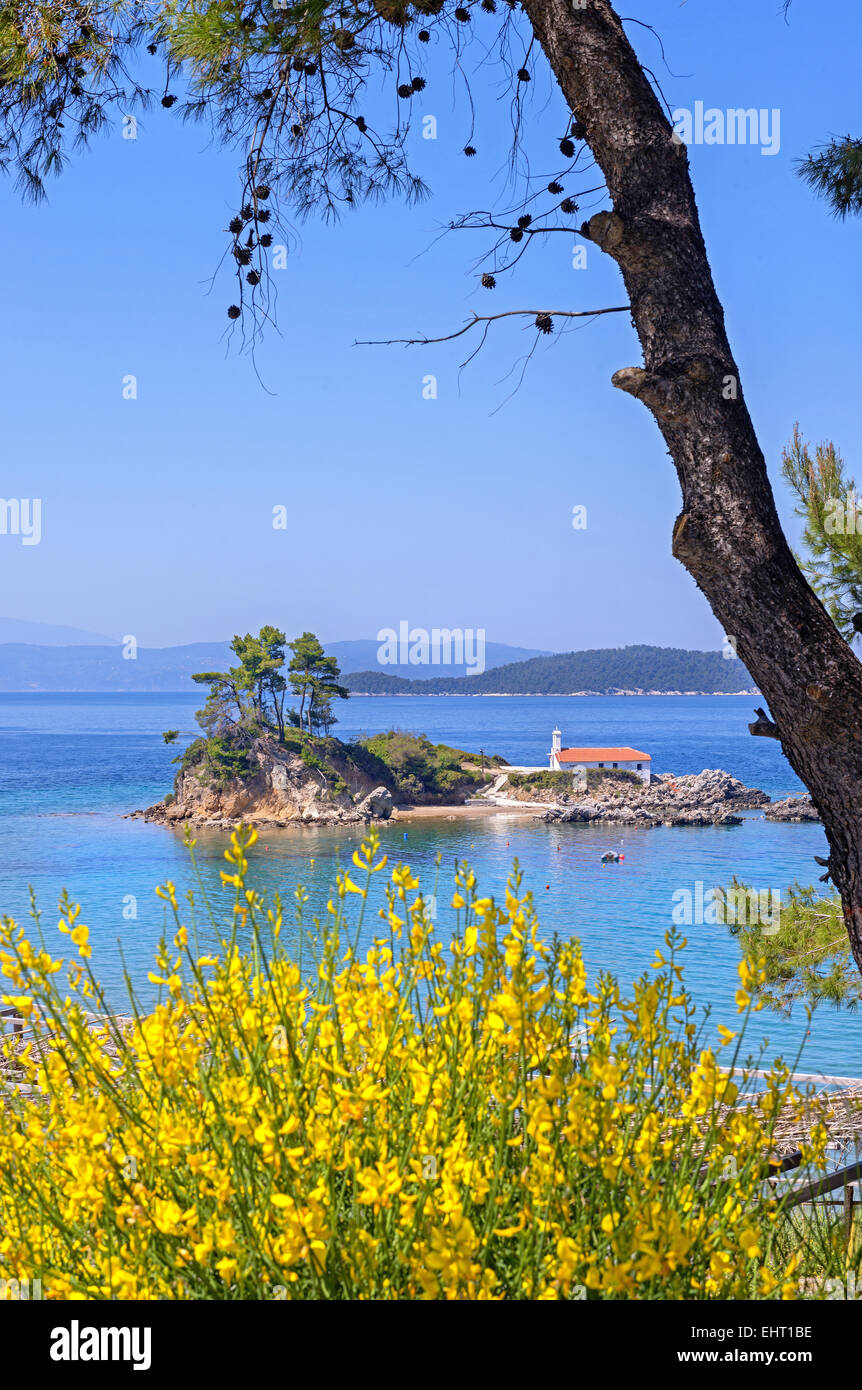 Die Felseninsel vor dem Strand von Ellinika Dorf in der Nord-östlichen Evia Insel im Ägäischen Meer, Griechenland Stockfoto