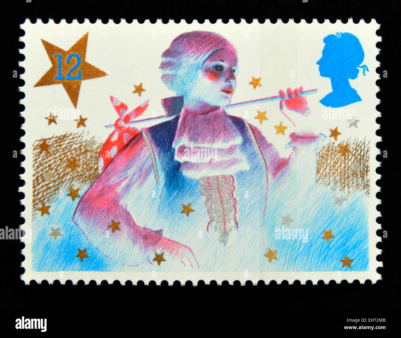 Briefmarke. Great Britain. Königin Elizabeth II. 1985. Weihnachten. Pantomime-Zeichen. Principal Boy. 12p. Stockfoto