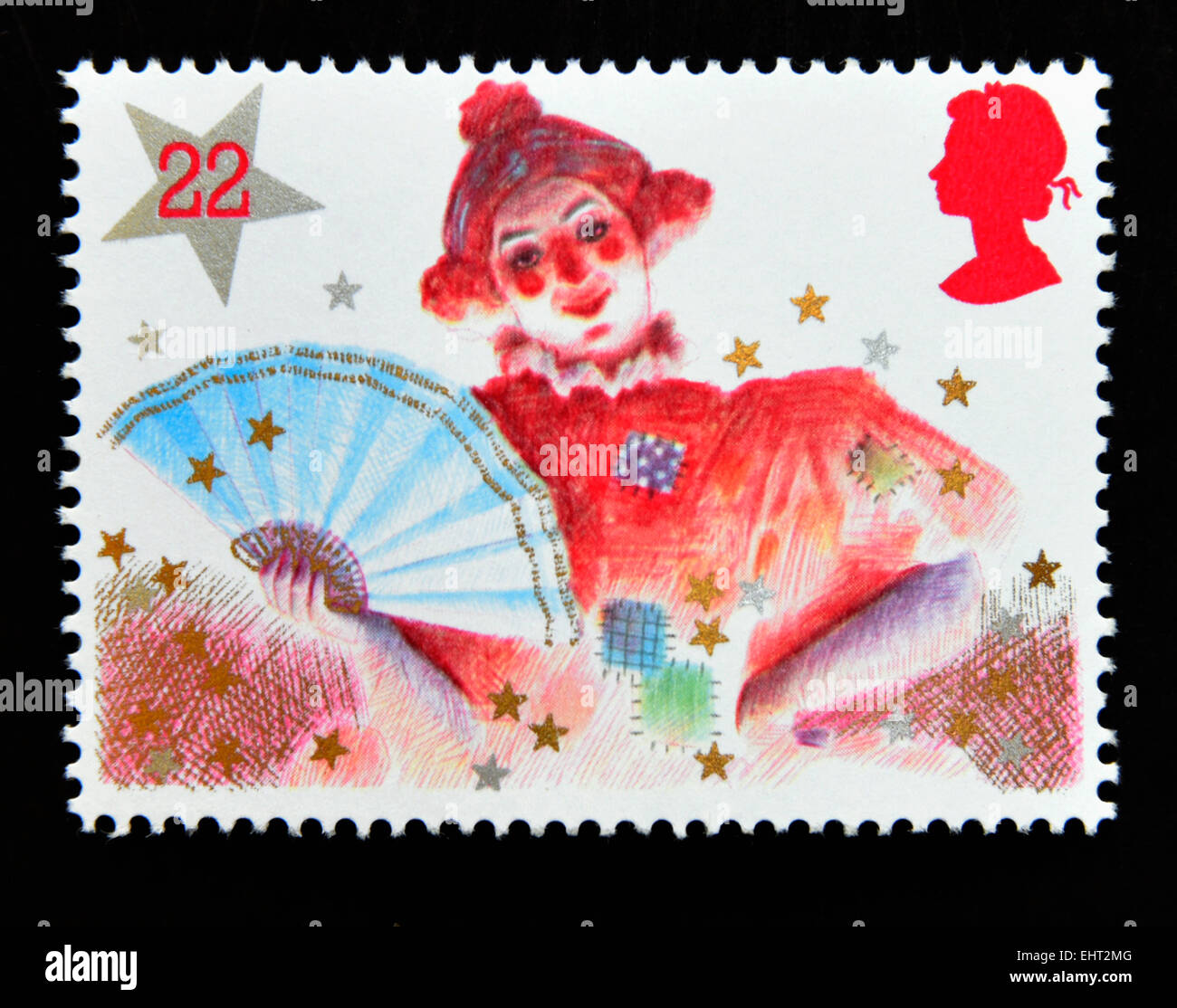 Briefmarke. Great Britain. Königin Elizabeth II. 1985. Weihnachten. Pantomime-Zeichen. Dame. 22p. Stockfoto