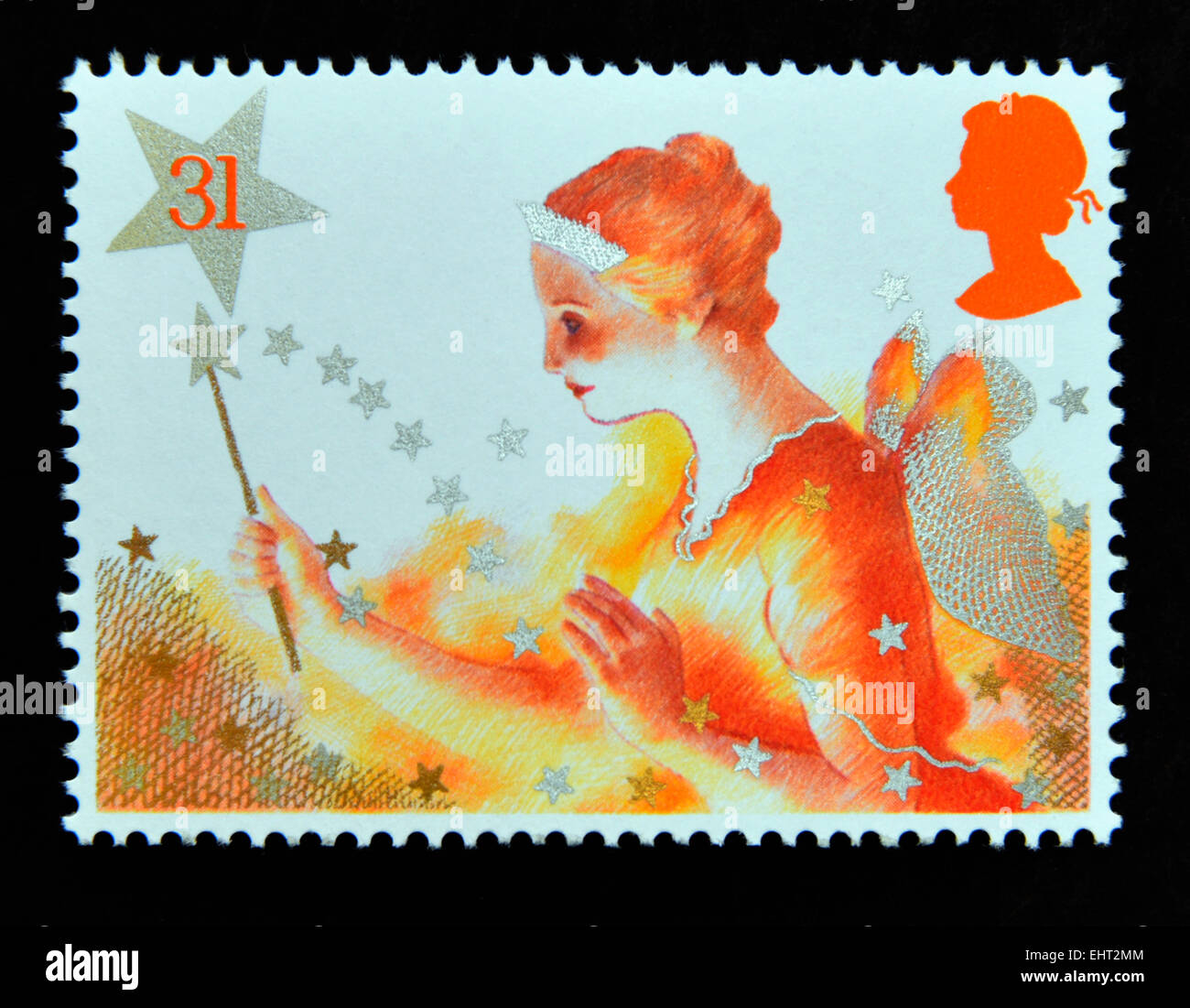 Briefmarke. Great Britain. Königin Elizabeth II. 1985. Weihnachten. Pantomime-Zeichen. Gute Fee. 31P. Stockfoto