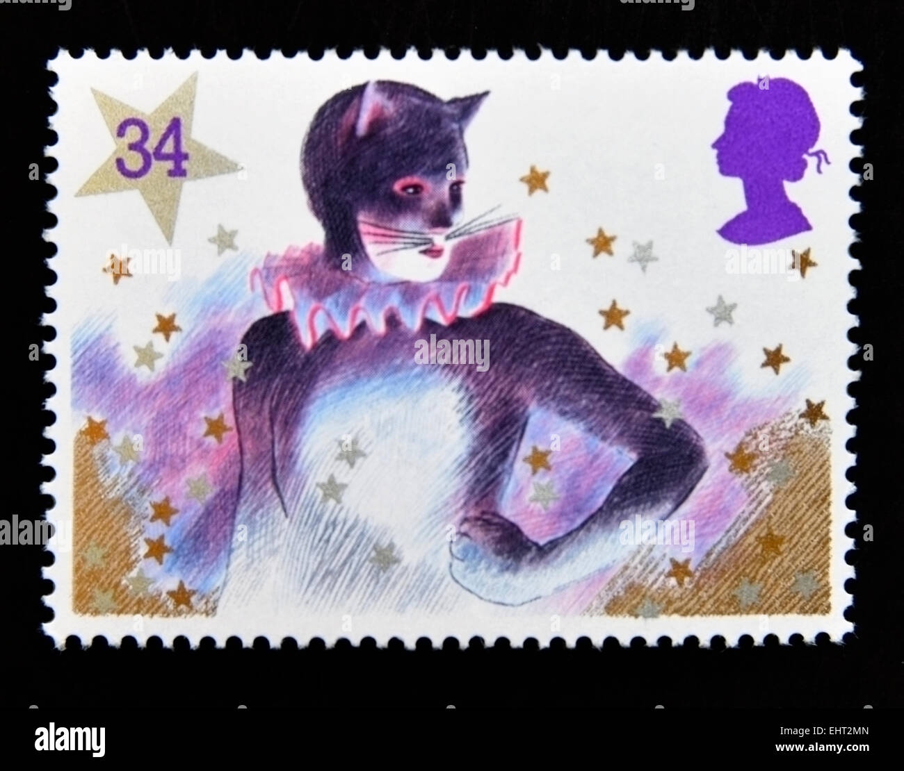 Briefmarke. Great Britain. Königin Elizabeth II. 1985. Weihnachten. Pantomime-Zeichen. Pantomime-Kat. 34p. Stockfoto