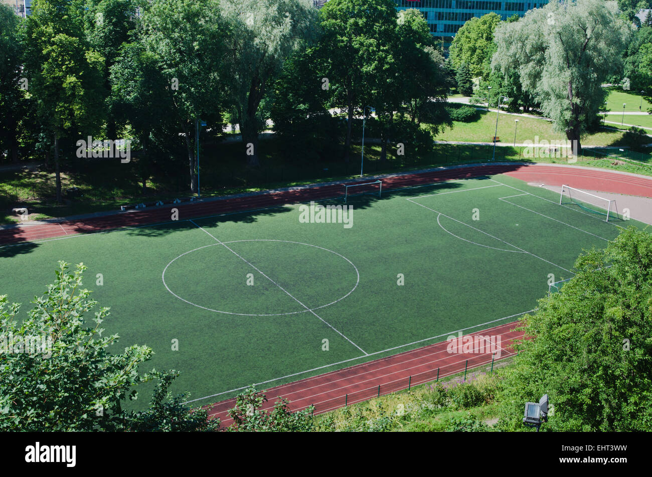 Stadion, Fußballplatz. Die Ansicht von oben Stockfoto