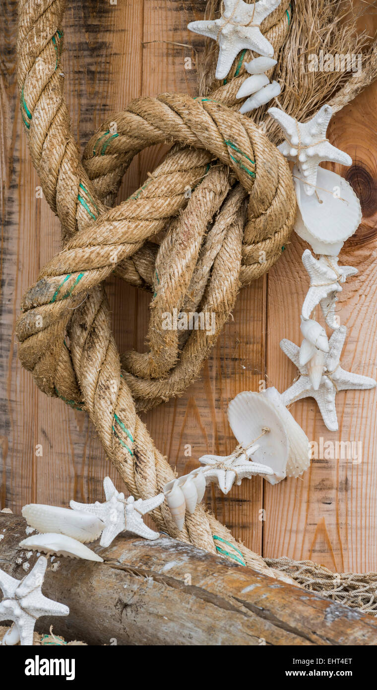 Seil mit Knoten und Zeichenfolge von Muscheln und Seesterne. Stockfoto