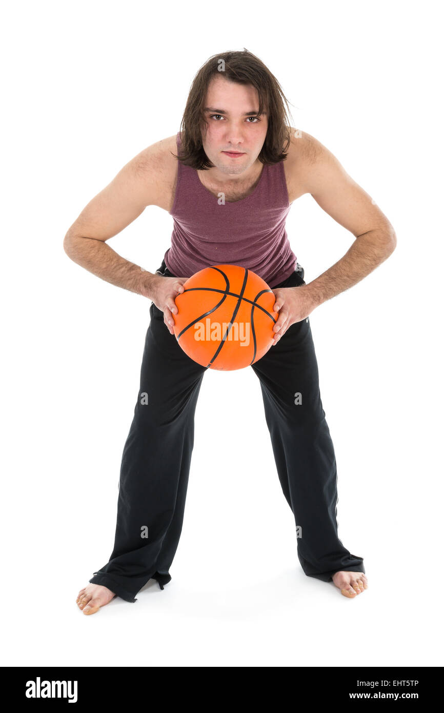 Mann im Sport tragen Basketball spielen auf weißem Hintergrund Stockfoto