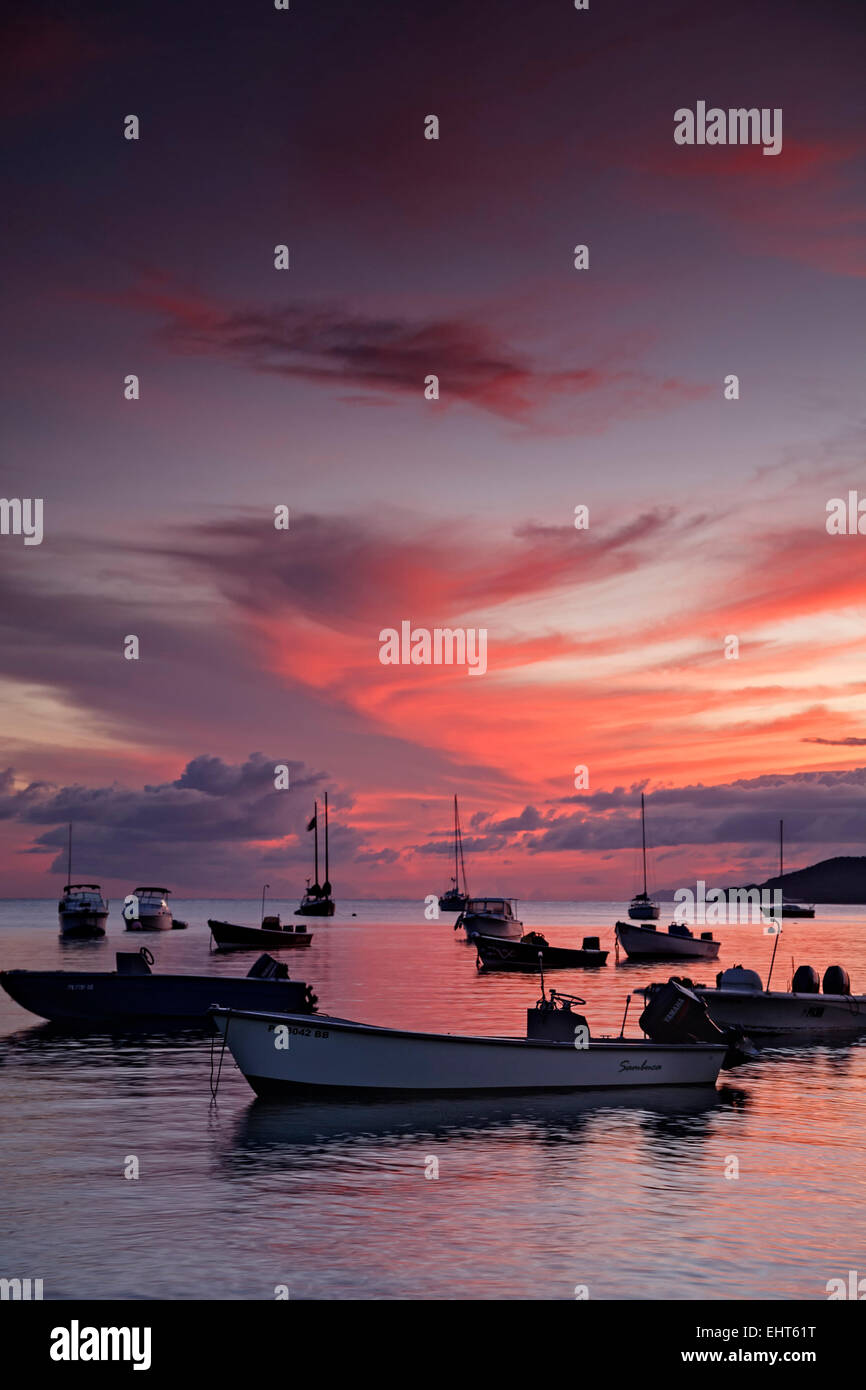 Angelboote/Fischerboote bei Sonnenuntergang, Esperanza, Vieques, Puerto Rico Stockfoto