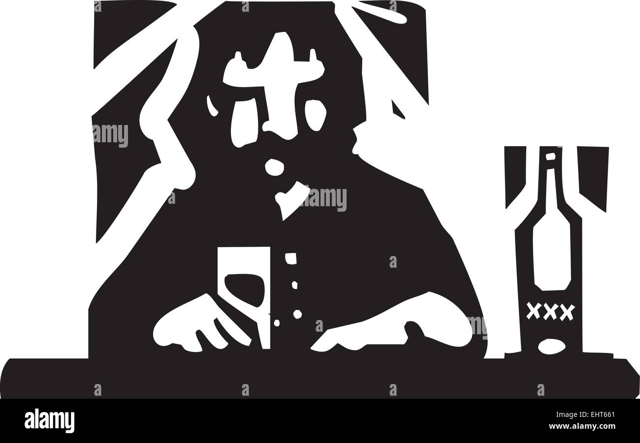 Holzschnitt-Stil Bild ein Mann allein in einer Bar trinken Stock Vektor