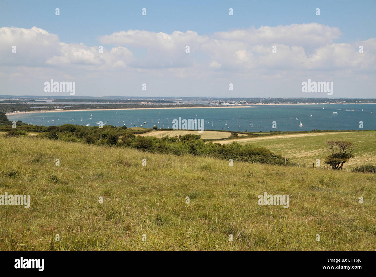 Blick von der Purbeck Weise Norden über Studland, Studland Bay in Richtung Poole & Bournemouth, Dorset, England. Stockfoto