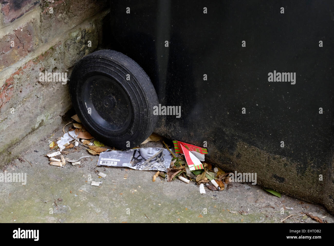 Stücke von Wurf um die Basis von einem Wheelie bin einschließlich Modelle Gesicht auf zerrissene Magazin-cover Stockfoto