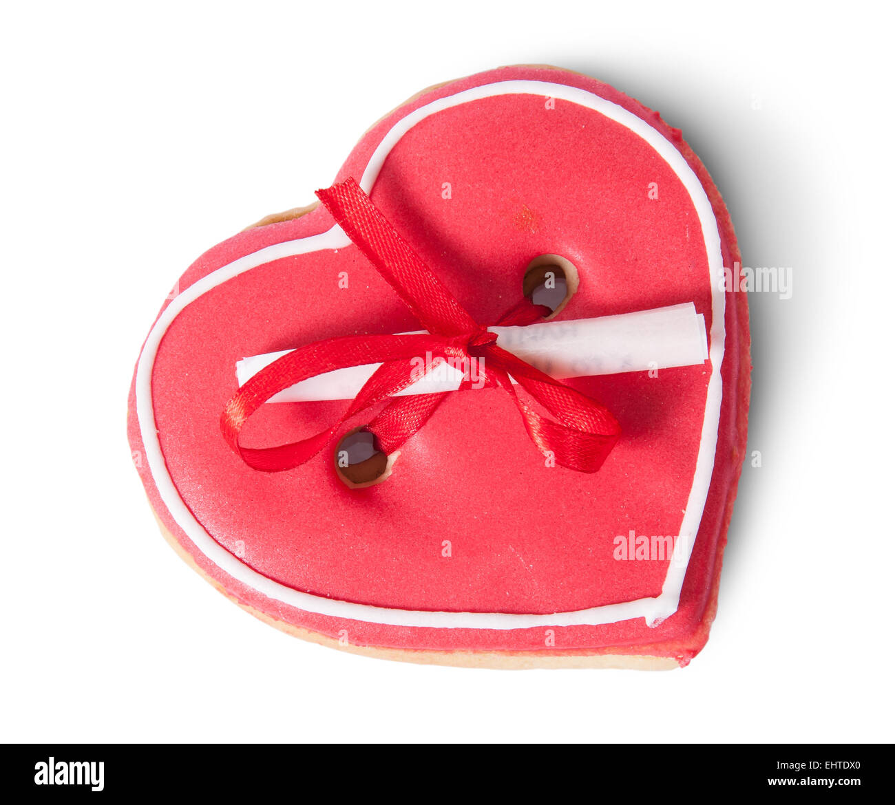 Cookies-Herz mit Hinweis auf Oberseite isoliert auf weißem Hintergrund Stockfoto