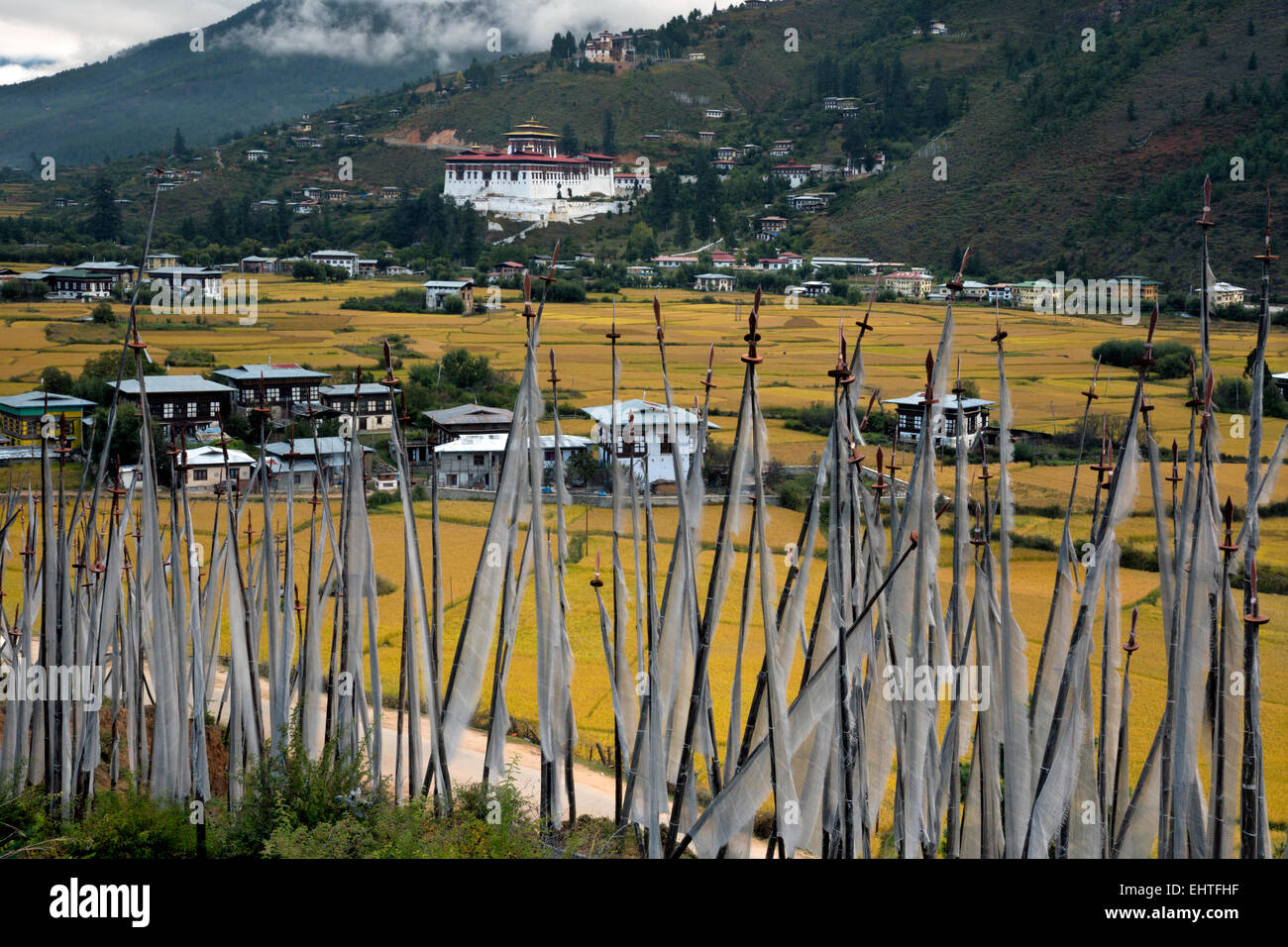 BHUTAN - 104 weiße Gebet Banner, memorialize die Weitergabe eines geliebten, auf einem Hügel oberhalb Felder von rotem Reis dargelegt. Stockfoto