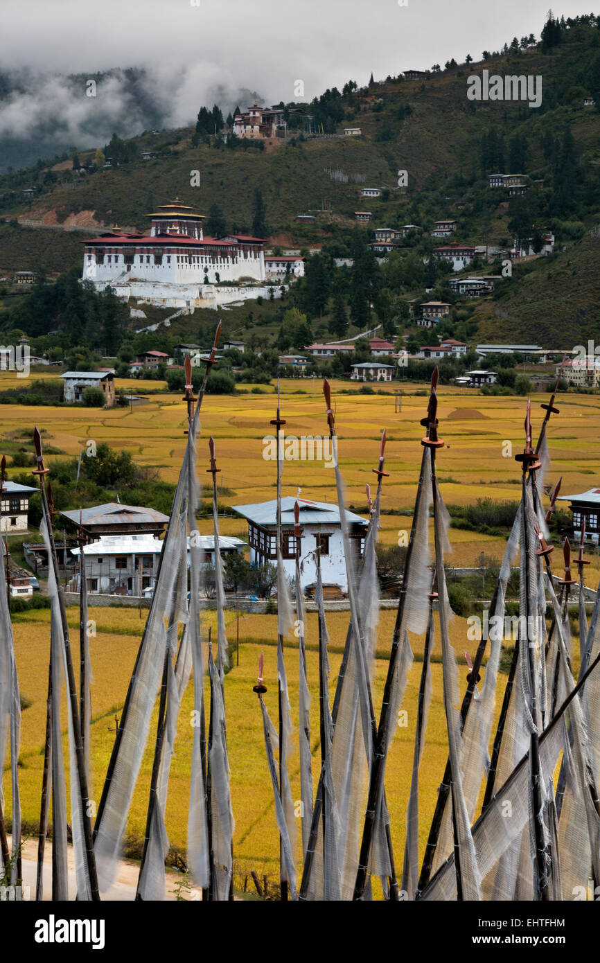 BHUTAN - 104 weiße Gebet Banner, memorialize die Weitergabe eines geliebten, auf einem Hügel oberhalb Felder von rotem Reis dargelegt. Stockfoto