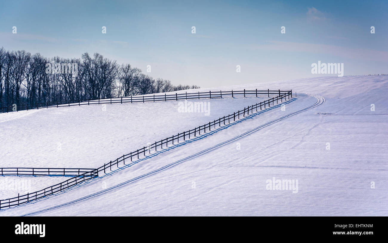Zäune auf ein Schneefeld überdachten Hof in ländlichen Carroll County, Maryland. Stockfoto