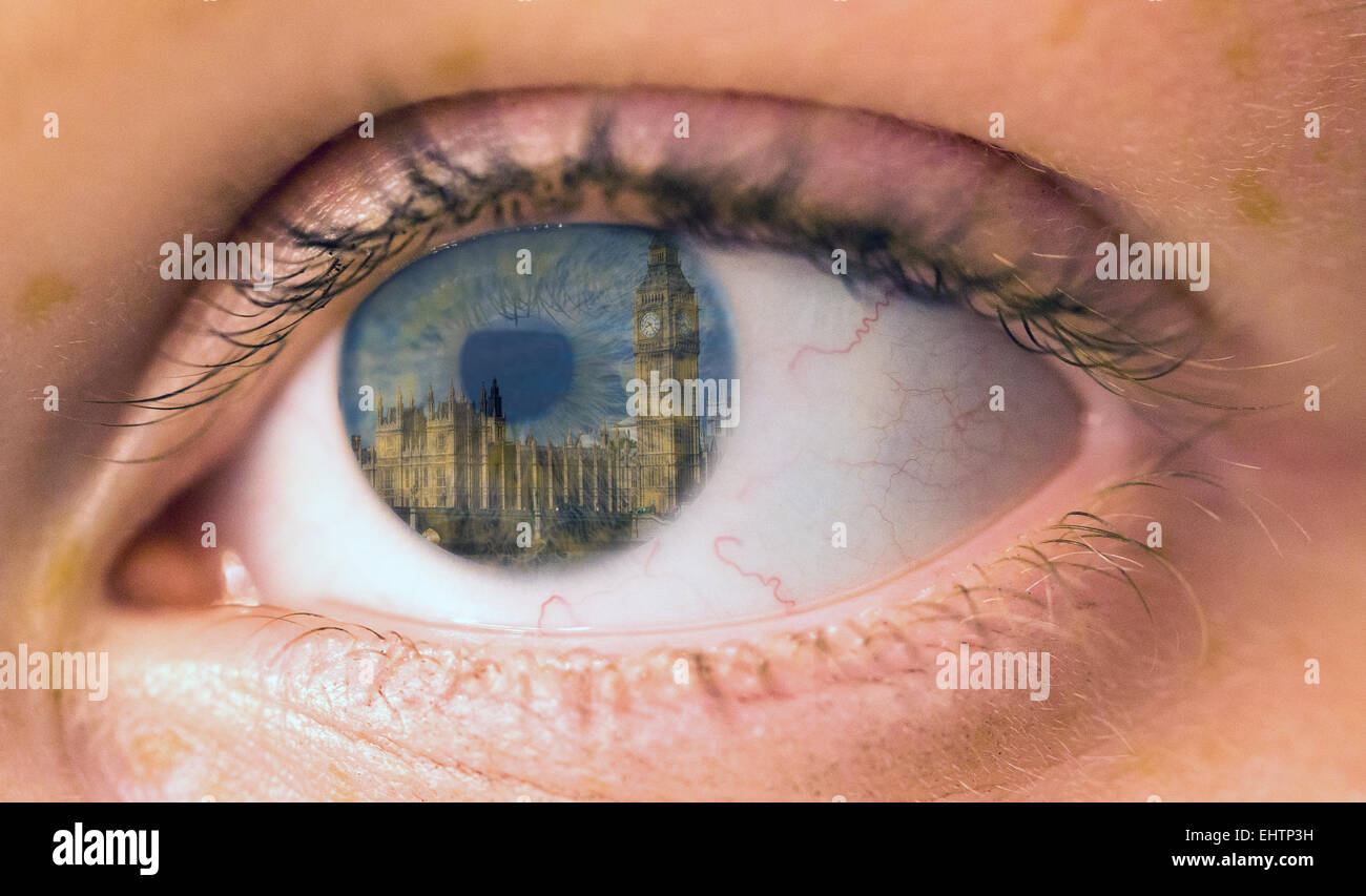 Menschliche Auge mit Reflexion der Big Ben und den Houses of Parliament, Westminster London Stockfoto
