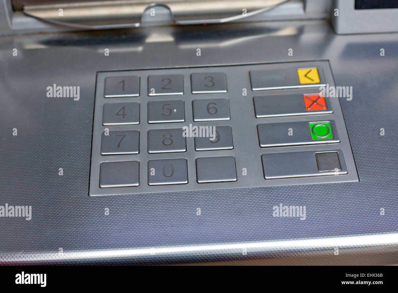 Detail ein Geldautomat. Metallische Tastatur und Insert card Stockfoto