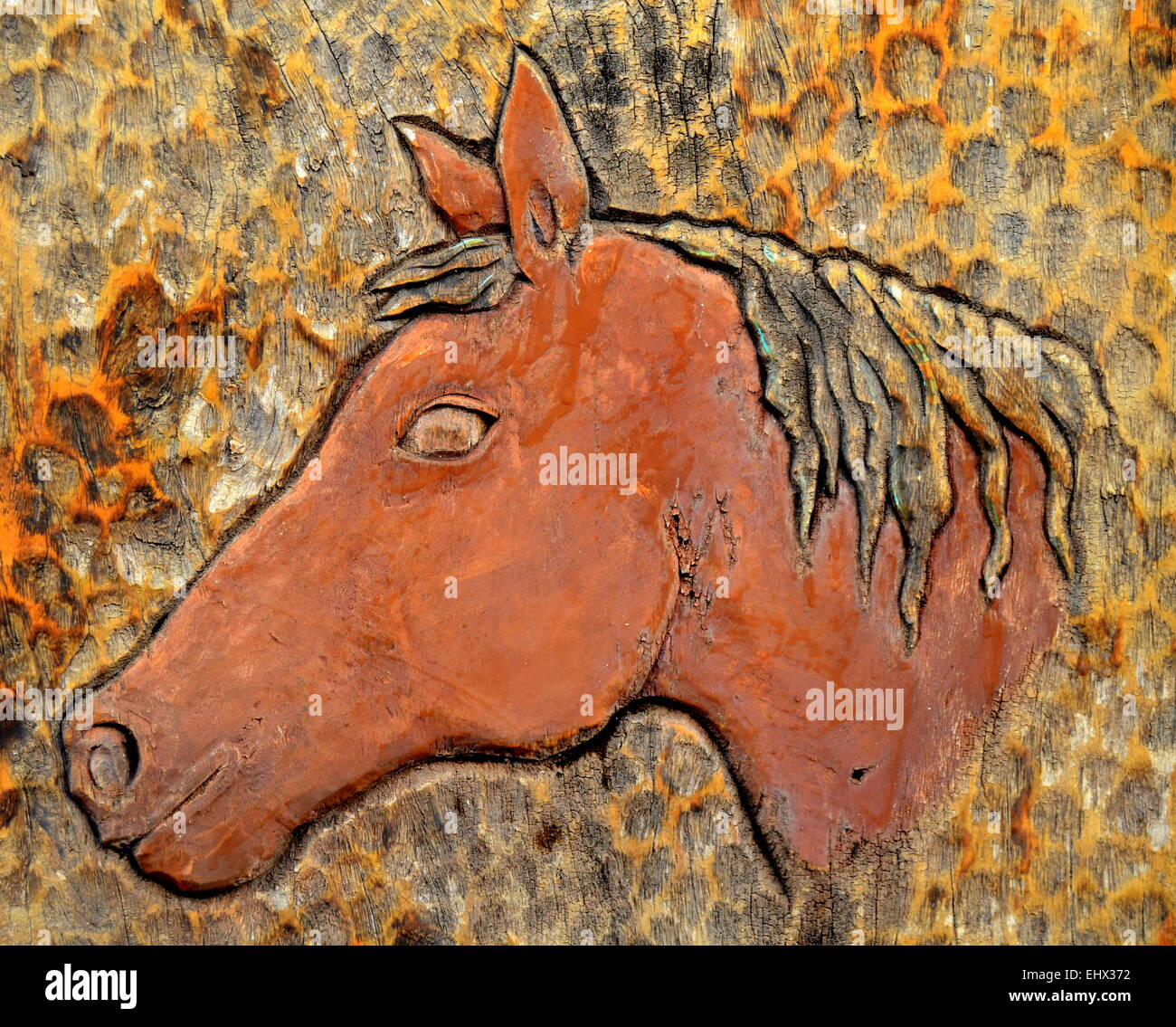 Holzschnitzerei Portrait eines Pferdes Stockfoto