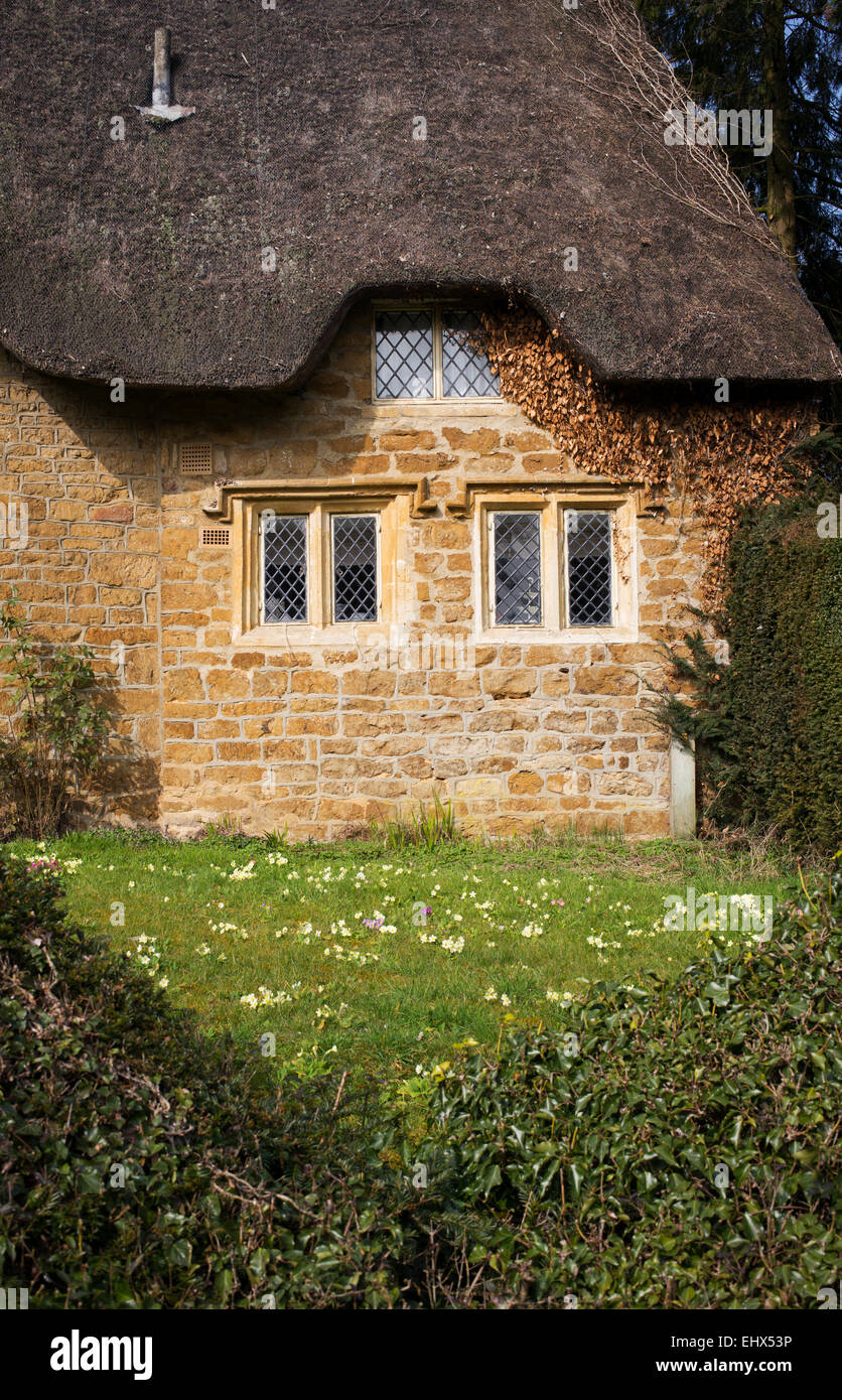 Englische Reetdachhaus. Großen Tew, Oxfordshire, England Stockfoto