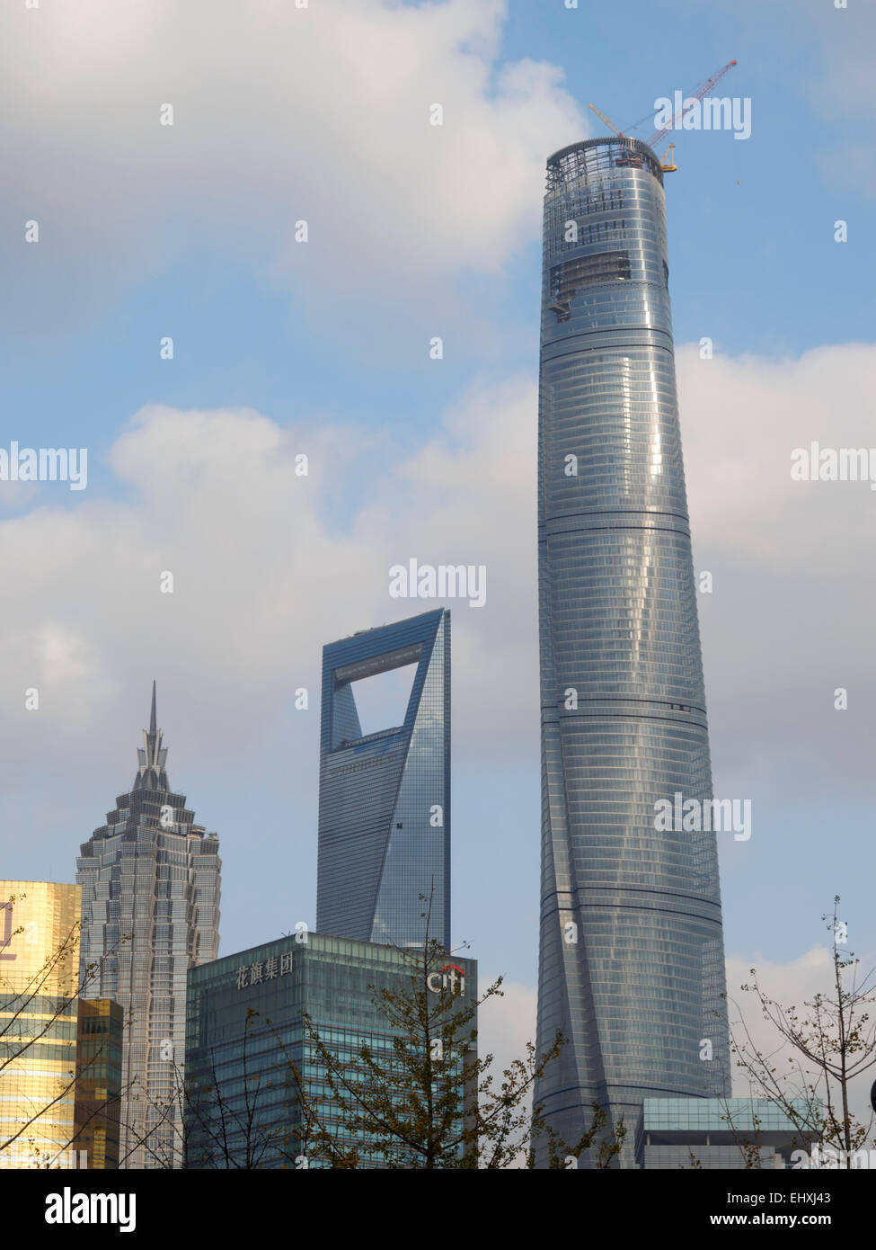 Der Jin Mao Tower, Shanghai World Financial Center und die Wolkenkratzer von Shanghai Tower im Stadtteil Pudong von Shanghai, China Stockfoto