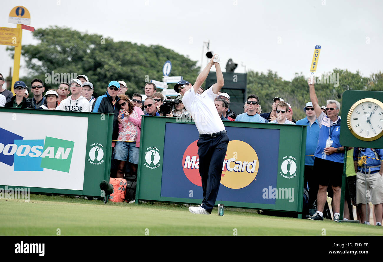 Justin Rose, Royal Hoylake, Liverpool 2014 Open Golf Championship, Finaltag, 18. Loch Fahrer, weißes top Stockfoto Justin Rose, Royal Hoylake, Liverpool 2014 Open Golf Championship, Finaltag, 18. Loch Fahrer, weißes top Stockfoto