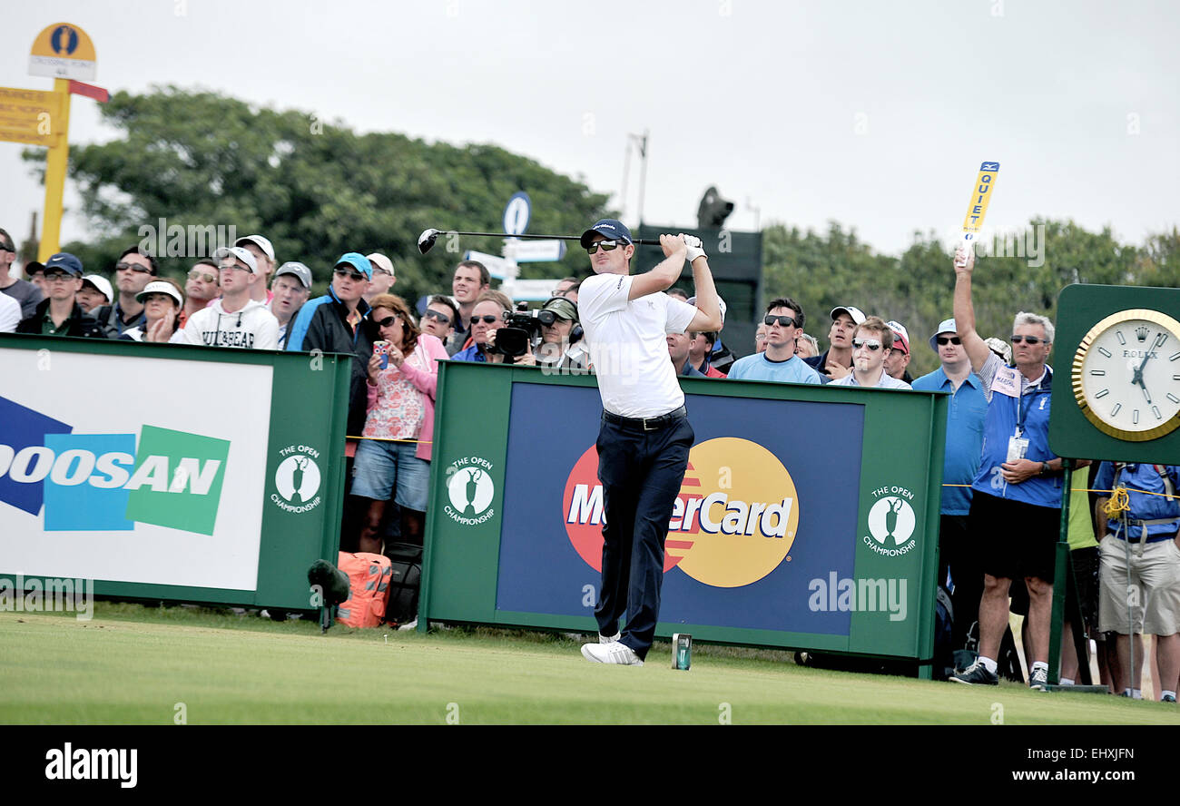 Justin Rose, Royal Hoylake, Liverpool 2014 Open Golf Championship, Finaltag, 18. Loch Fahrer, weißes top Stockfoto Justin Rose, Royal Hoylake, Liverpool 2014 Open Golf Championship, Finaltag, 18. Loch Fahrer, weißes top Stockfoto
