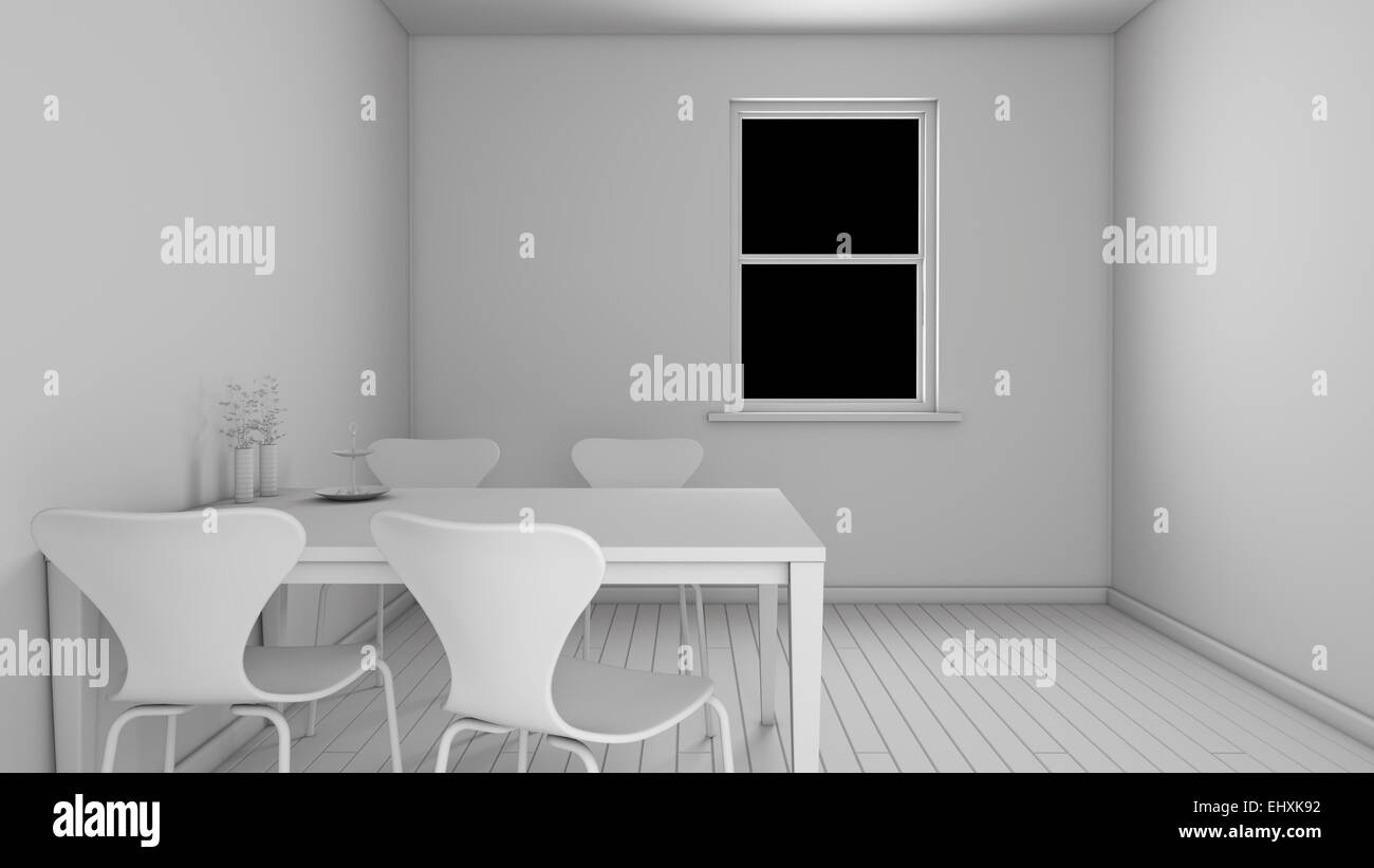 Innenraum-Rendering einer Küche ohne Texturen Stockfoto