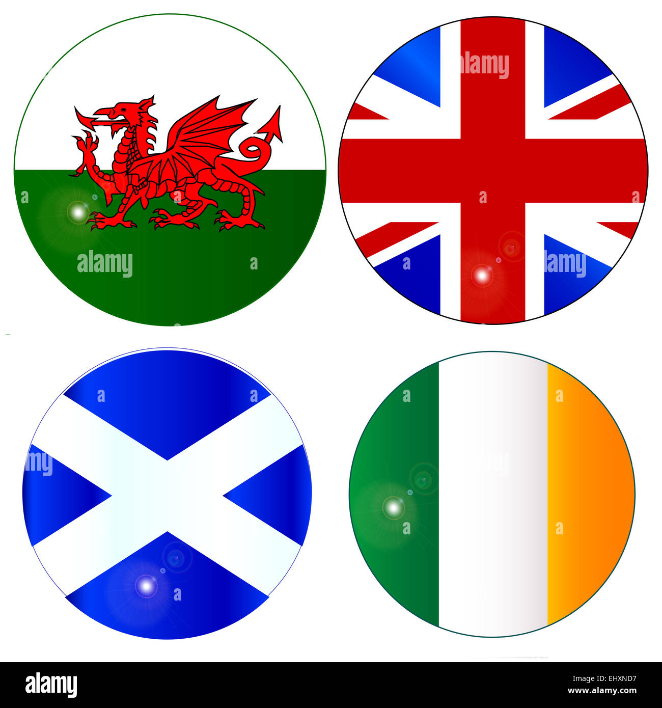 Die offizielle Flagge für Schottland, Wales, Irland, Irland und England als eine Schaltfläche oder ein Abzeichen auf weiß Stockfoto