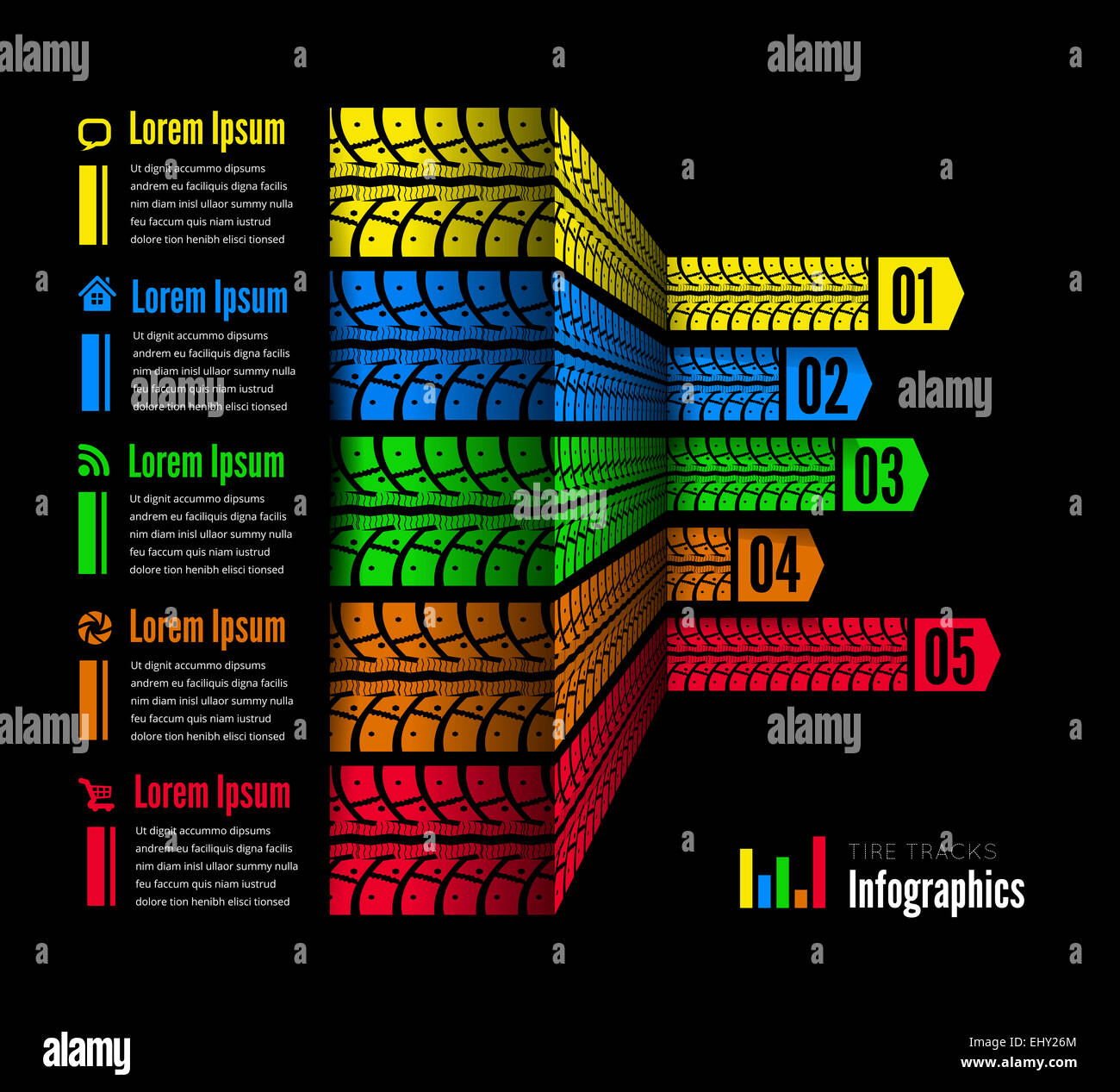 Reifen Spuren Infografiken Hintergrund Stockfoto