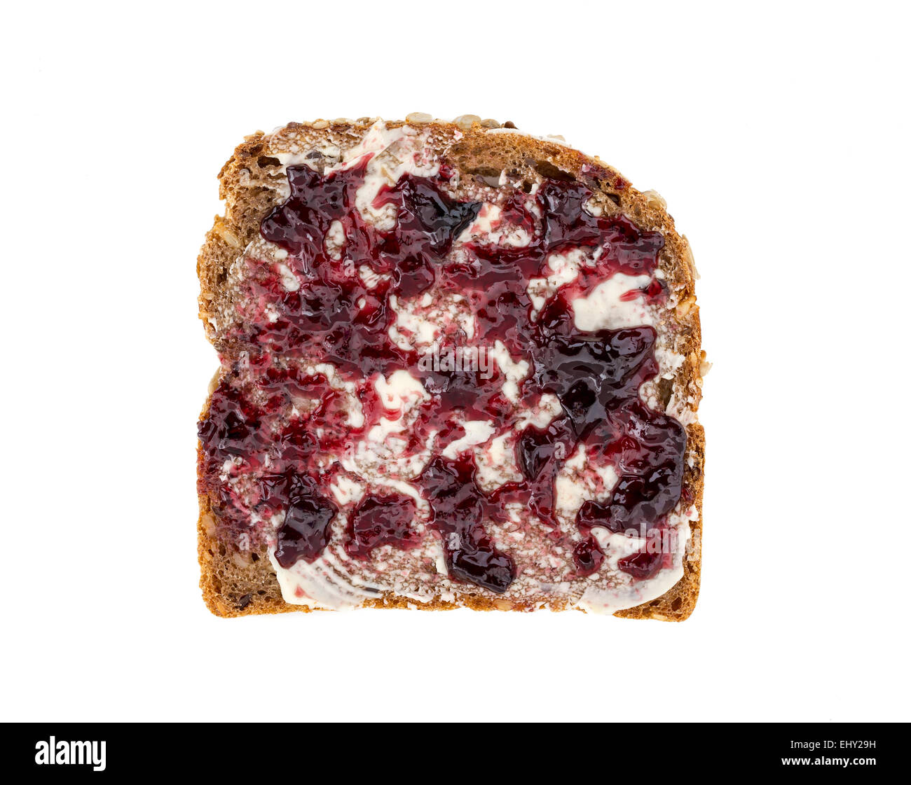 Brot mit Marmelade isoliert Draufsicht. Stockfoto