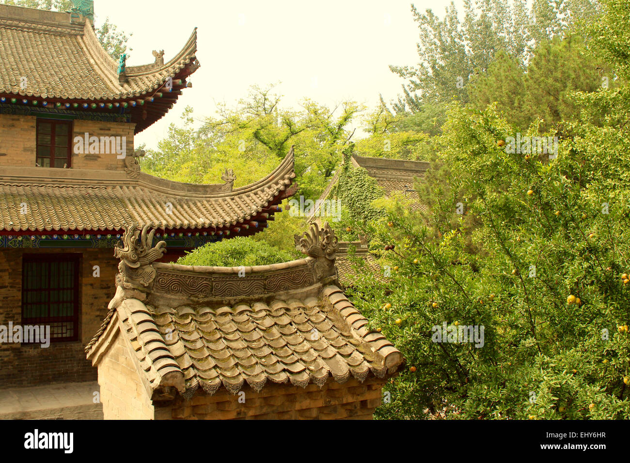 Fotografie von einer traditionellen chinesischen Dachkonstruktion neben die kleine Wildgans-Pagode. Stockfoto