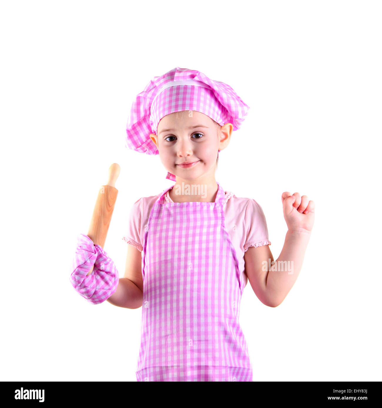 Mädchen gekleidet als Koch. Isoliert Stockfoto