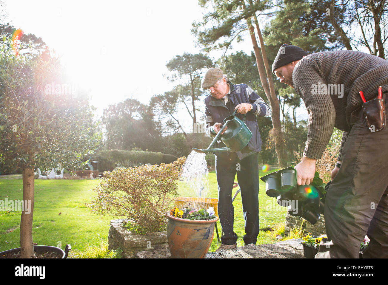 Senior woman Bewässerung Blumen im Garten, Bournemouth, Grafschaft Dorset, UK, Europa Stockfoto