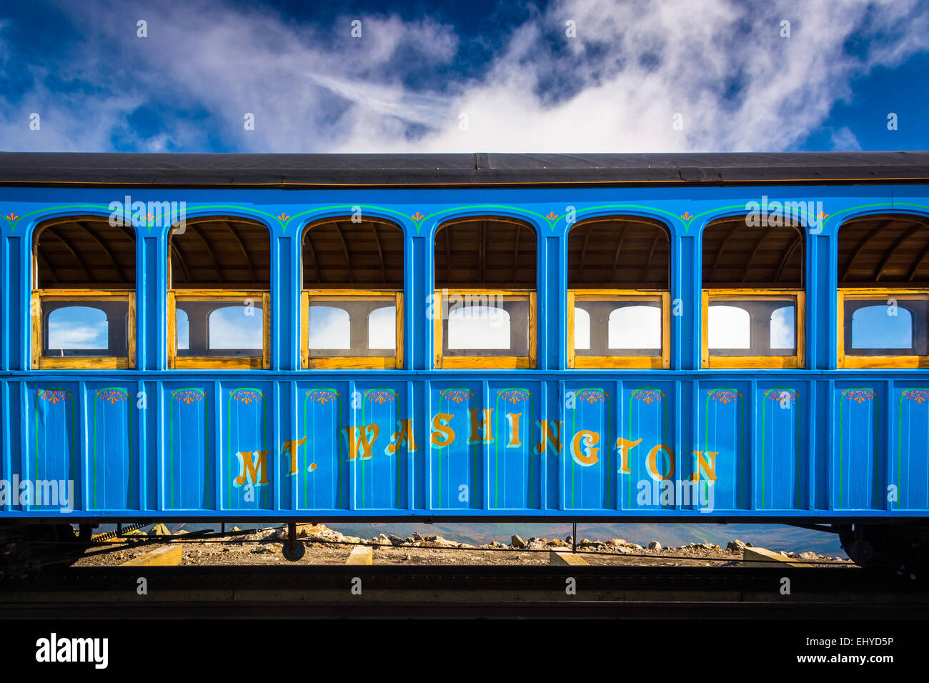 Zug auf die Mount Washington Cog Railway auf Mount Washington in den White Mountains von New Hampshire. Stockfoto