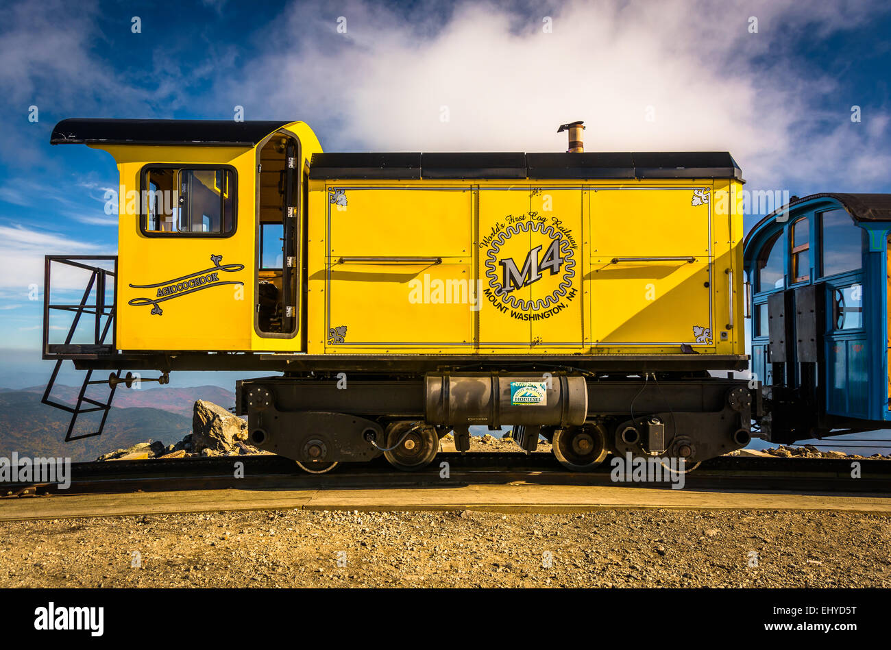 Zug auf die Mount Washington Cog Railway auf Mount Washington in den White Mountains von New Hampshire. Stockfoto