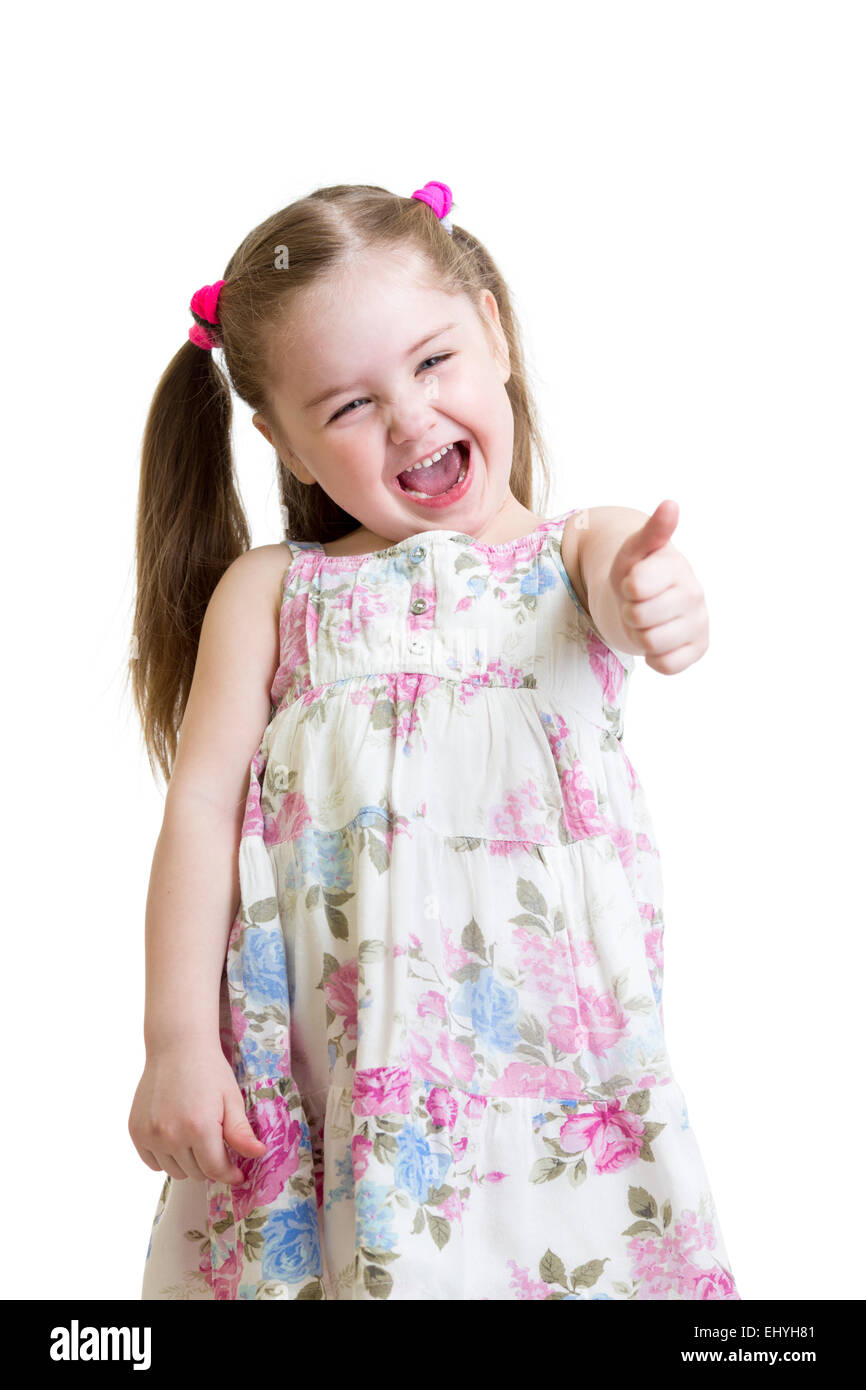 glückliches Kind Mädchen mit Händen Daumen nach oben Stockfoto