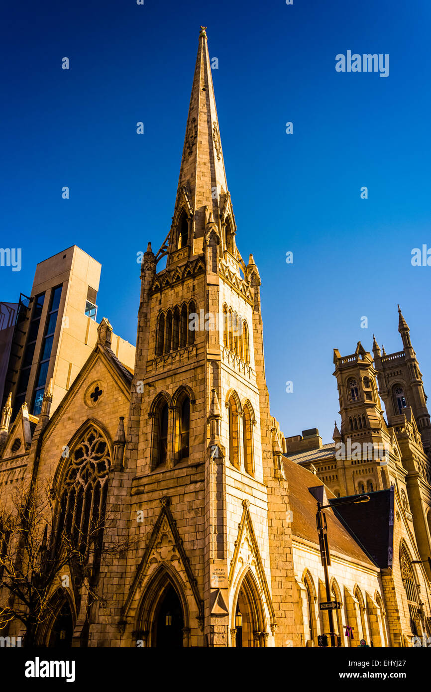 Abendlicht am Arch Street Methodist Episcopal Church in Philadelphia, Pennsylvania. Stockfoto